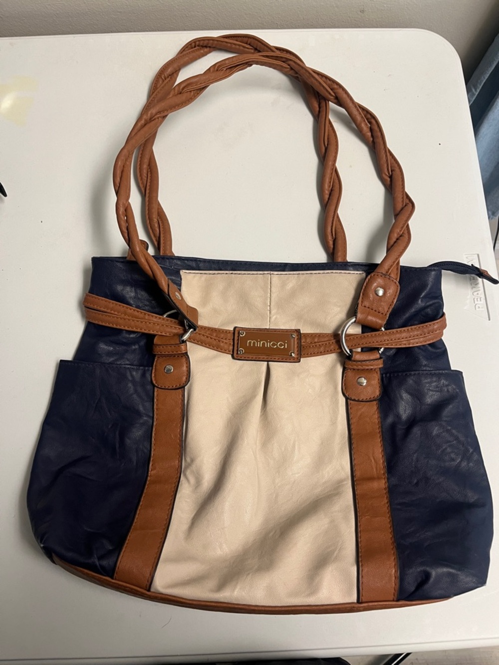 Minicci Navy, Cream & Brown Braided-Handle  Tote